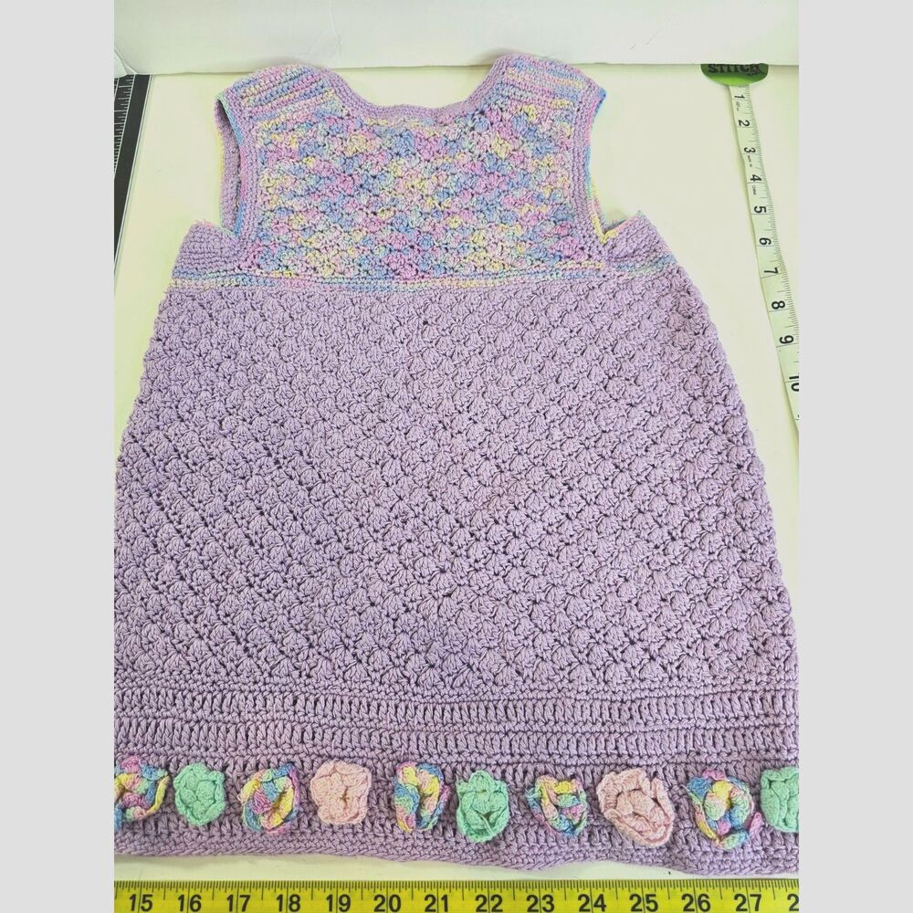 Vintage Crochet Girls Dress – Lilac & Pastel Floral Handmade YS
